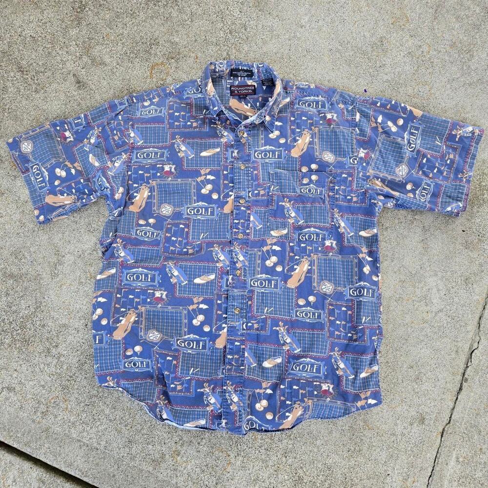 Vtg 90s ROUNDTREE & YORK Golf Clubs All Over Graphic Golf Button Up Shirt Large